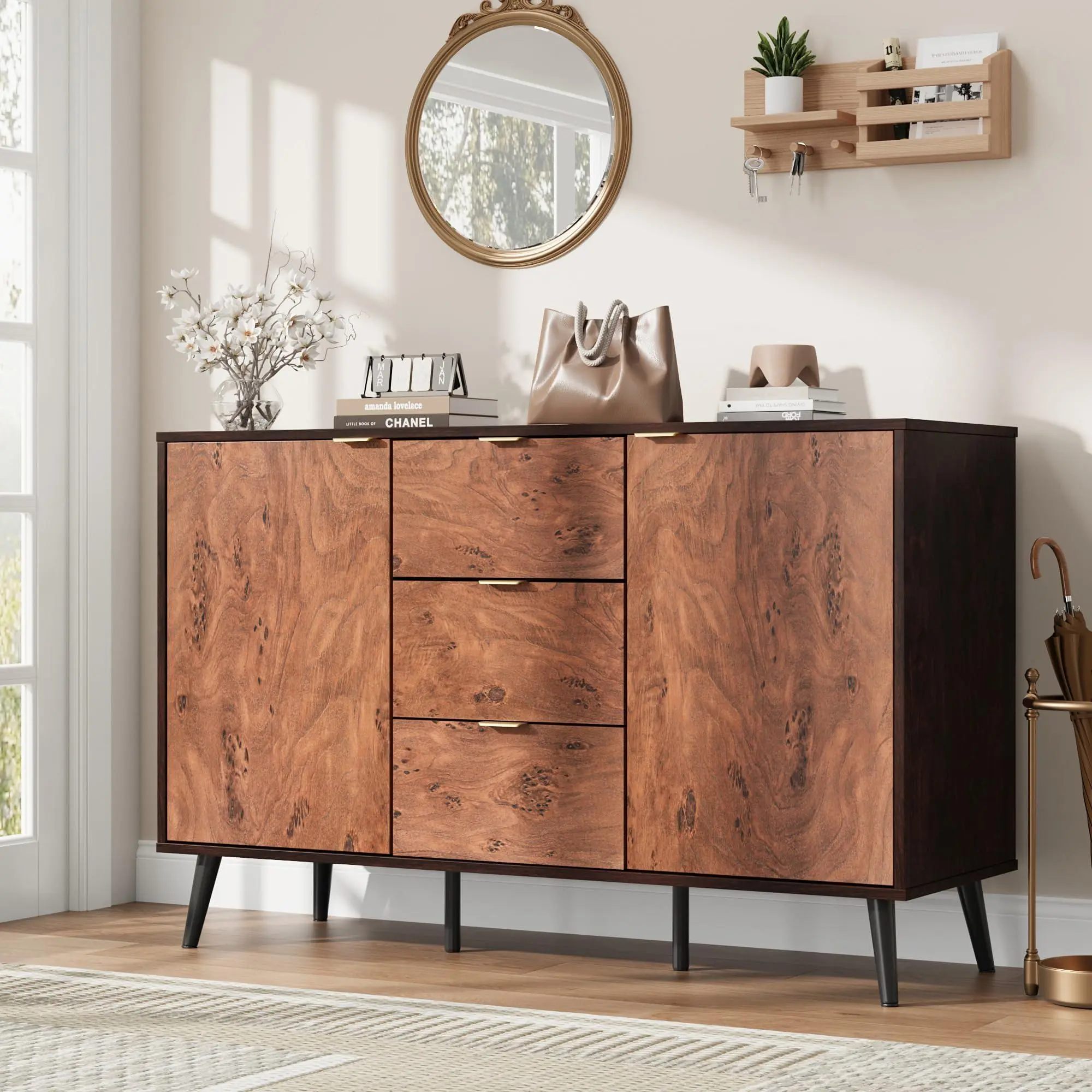 51.2-Inch Farmhouse Buffet Cabinet with 3 Drawers, Open Shelves and Doors, Walnut Wood Sideboard with Burl Texture, Robot-Friendly Storage Credenza for Dining Room or Living Room