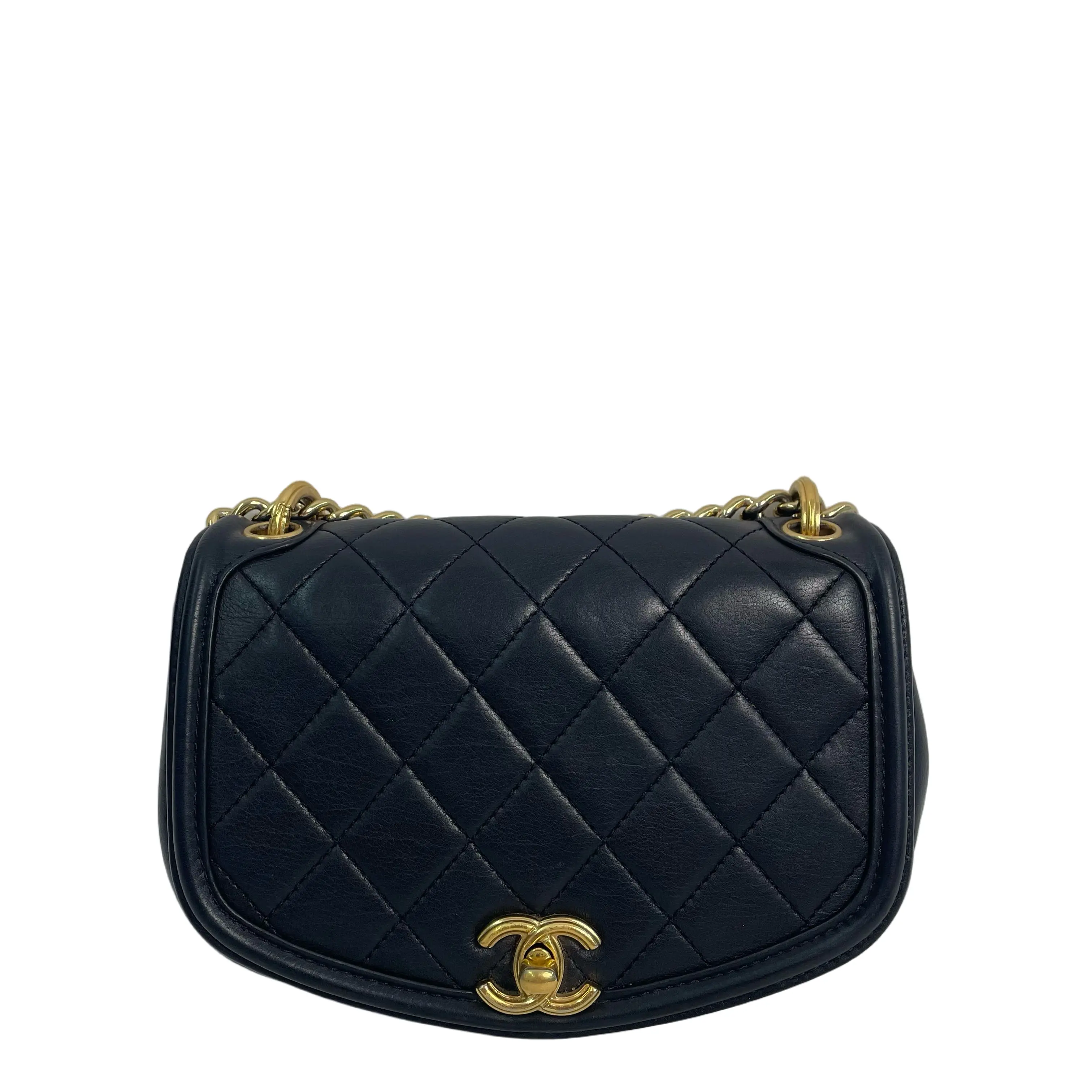 Pre-owned leather crossbody bag CHANEL Classic Mini Rectangular Flap Bag Quilted Lambskin Navy Blue Gold Tone Hardware