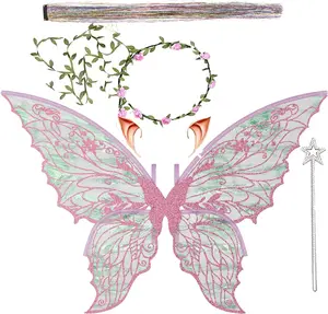 Fairy Wings Costume Set with Floral Garland, Wand And Elf Ears – 29"x21" Organza Butterfly Wings – Ideal for Cosplay, Party, Pink