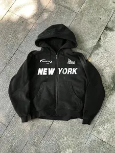 Men's White New York Graphic Zip-Up Hoodie, Graphic Print Hoodie, Oversized Streetwear Style, #winterfashion #fallfashion Trend, #blackfriday #christmasgiftideas, Retro Brooklyn 1898 Design, TikTok Viral Casual Hooded Sweatshirt