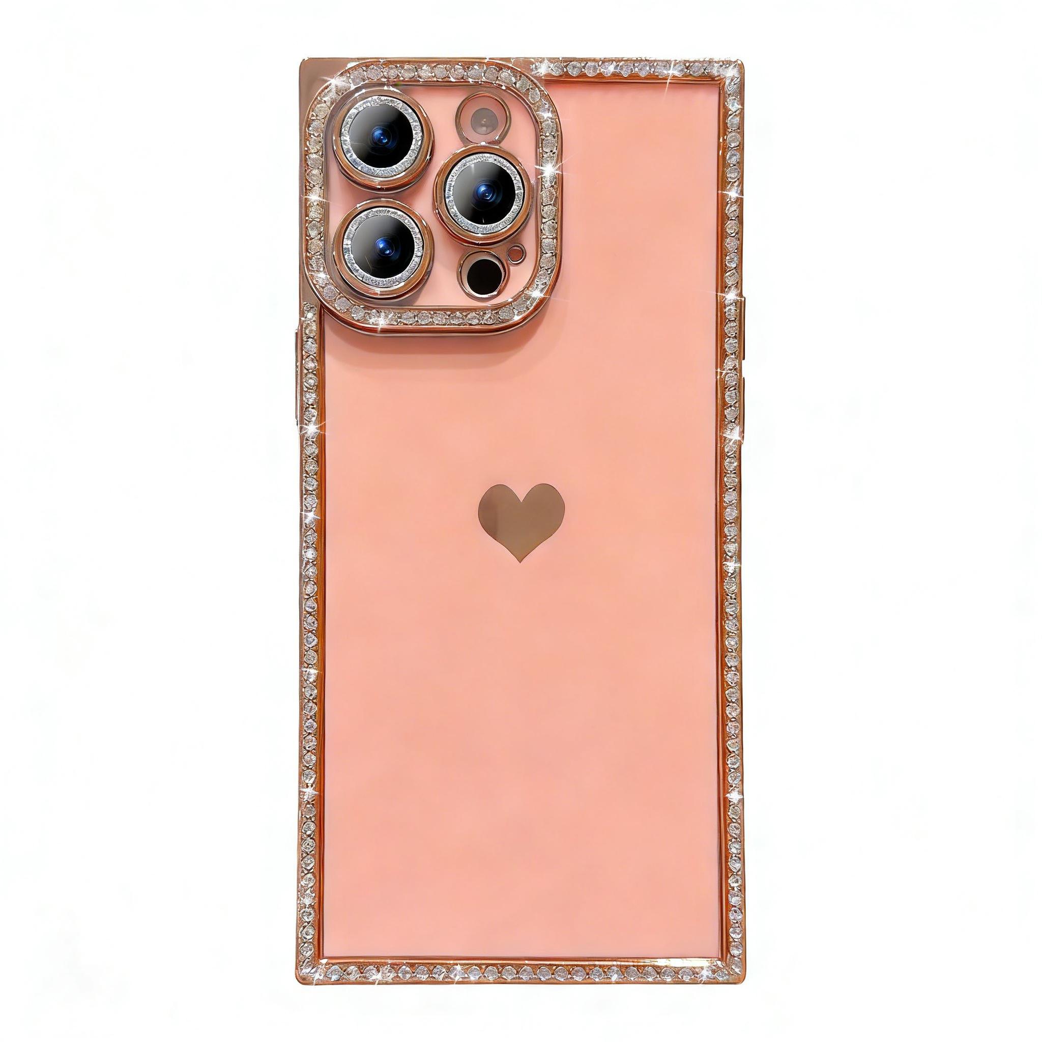 Luxury Rhinestone Square Edge Phone Case, Bling Diamond Full Camera Protection Shockproof Cover with Heart Design for IP 16 Pro max, 15 plus, 14, 13 junk