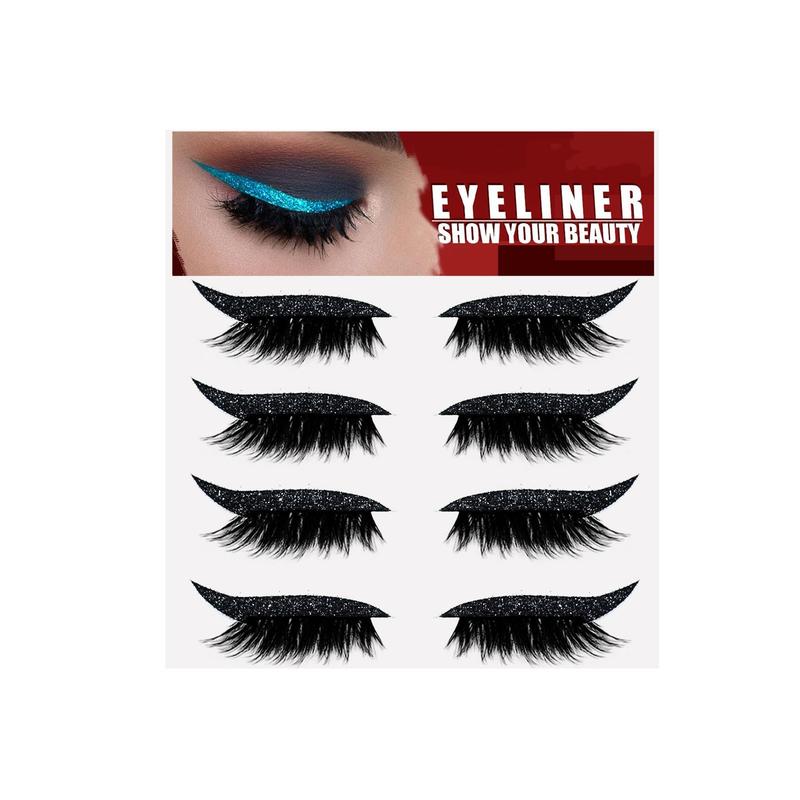 Buy 1 Get 1 Free Glue-Free Self-Adhesive Eyelashes 4 Pairs Curly 3D Volume False Lashes Reusable Eyeliner Sticker Black Daily Cosmetic Essentials Set