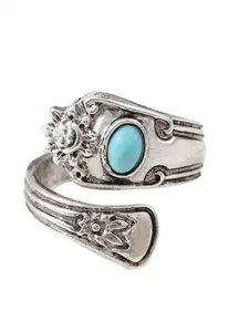1 Bohemian retro imitation turquoise niche versatile adjustable ring with carved opening design, perfect accessory for daily holiday wear