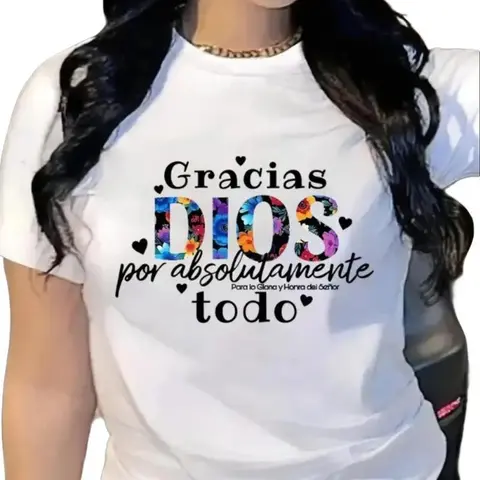 Women's Graphic T-Shirt with 'Gracias DIOS' Faith Print, Casual Crewneck Top in a Soft 100% Cotton Oversized Loose Fit
