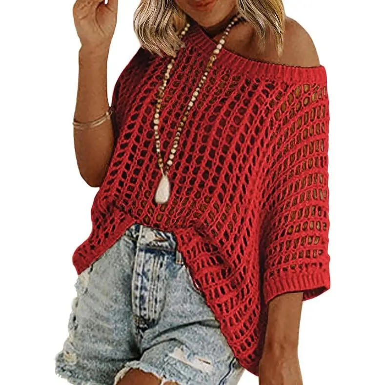 Women's Sequin Sparkly Silk Knit Pullover - Collared, Oversized Mesh, Off-the-Shoulder Raglan Sleeves, Loose-Fitting, Asymmetric Cut, Colorful Cut-Out, Crochet Accents, Summer Beach Cover-Up | Crochet Mesh Women's Pullovers, Knit Tops, Plaid, Baggy