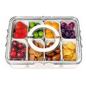 Clear Divided Serving Tray with Lid and Handle - 8 Compartment Snackle Box Charcuterie Container for Portable Snack Platters Kitchen Plastic