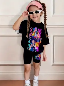 Korean Style Girl Toddler 2026 New Full Print Idol Top + Slim Fit Shorts, Casual H-Type Short Sleeve Crop Top