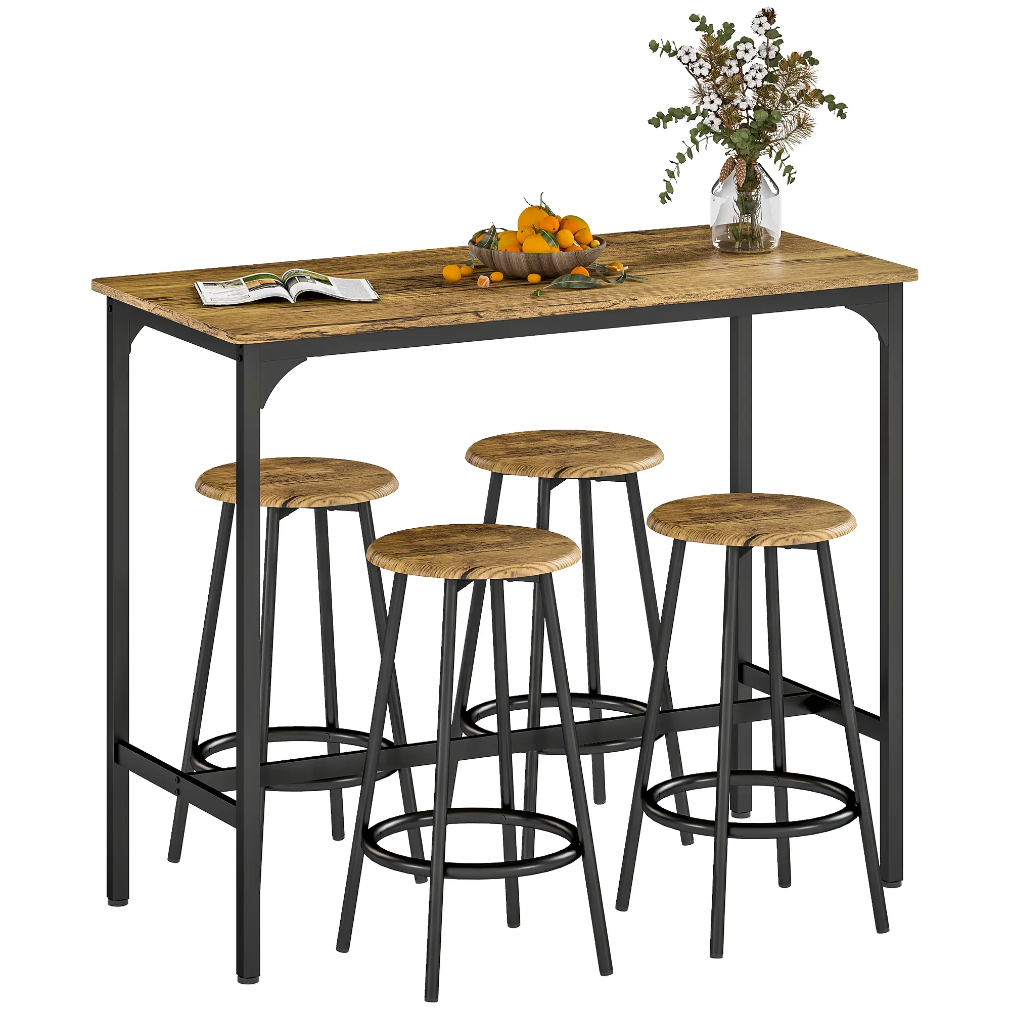 5-Piece Bar Table & Stools Set – Table + 4 Stools, Seats 4. Industrial Style with Rustic Brown Top & Black Frame. Space-Saving Stools Tuck Under Table. Sturdy Metal Frame, Footrest, Adjustable Pads. Table 110 lbs, Stools 264 lbs. Rustic Brown