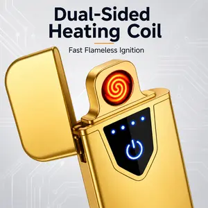 2 Pack Gold Alloy Electric Lighter, USB Rechargeable Double-Sided Heating Coil Flameless Lighter with 4 Blue Battery Lights, Touch Switch, Gift Box Packaging, for Men, BBQ, Candles, Outdoor Use