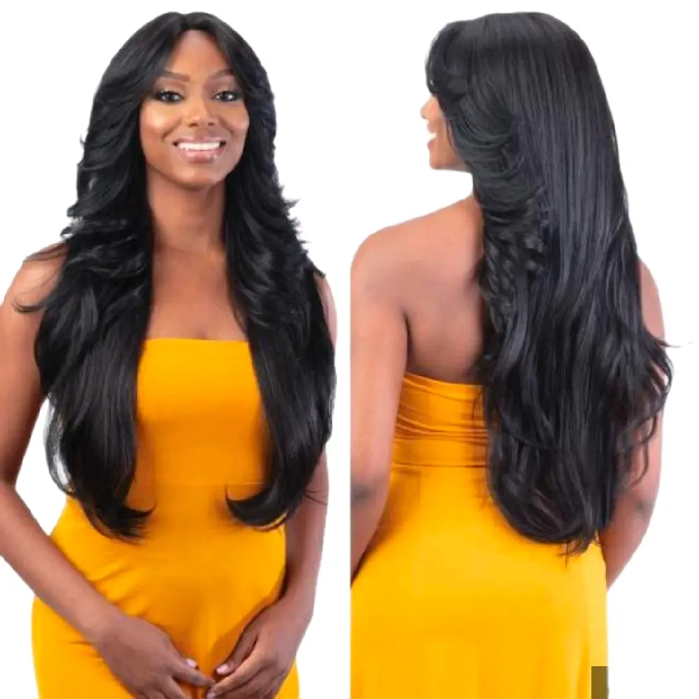 SHAKE N GO Freetress Equal Curtain Bang HD Lace Wig BOMBSHELL Long Straight Black Hair Wig for Women Color 1B