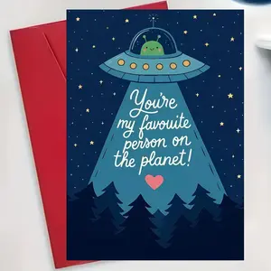 Fun Alien Greeting Card, Cute Space-Themed Birthday, Anniversary, Valentine's Card, Alien and Ufo, 'you Are My Favorite Person'