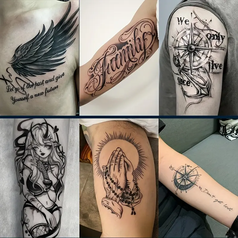 6 Large temporary tattoos men,fake tattoos,Lasting for 7-15 Days,Waterproof and Anti-Friction, Realistic Effect, Suitable for People Who Do Not Want Tattoo Pain, Including Compass, Wings, Anchor and Other Elements,tatuajes temporales