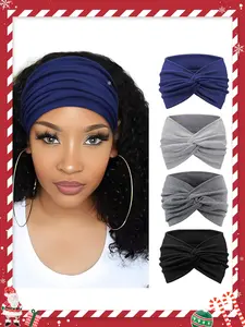 New 4-Piece Boho Plain Headscarves Set, Wide Wave Scarf for Women, Fashionable Elastic Sports Hairbands, Yoga Running Headband, Knotted Headband (patchwork)