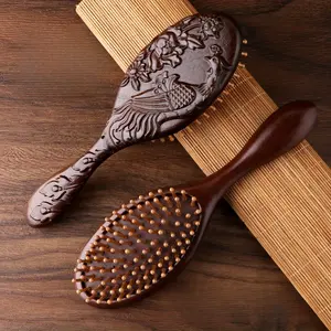 1 hand carved wooden air cushion comb with bamboo teeth, oval scalp massage brush, suitable for all hair types, wooden hairstyle design brush