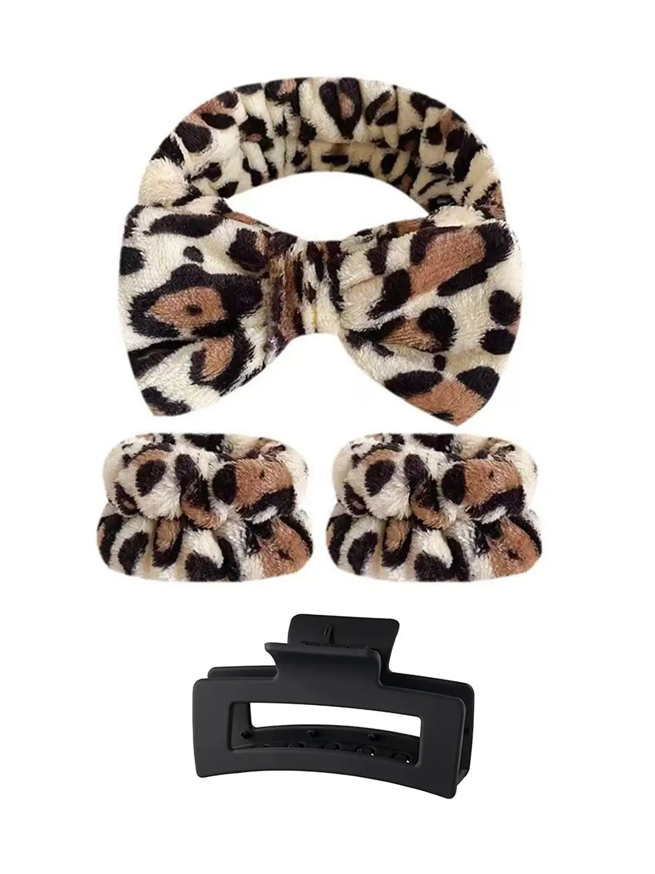 4PCS Leopard Color Design Girls Sponge Spa Puffy Headband Wristbands Hair Accessories Set With Hair Claw Clips For Party Gifts ,Daily Use, Hair Band For Washing Face, Wash Face, Makeup Use Lady Mom Bowknot Design