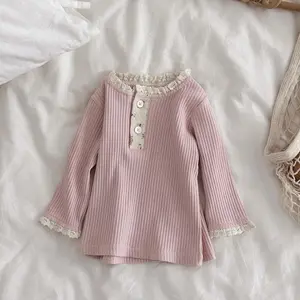 Spring And Autumn Versatile Basic Lace Trim Pink Soft Comfortable Cotton Top