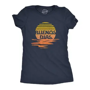 Womens Buenos Dias T Shirt Funny Positive Sunset Good Day Happy Vacation Tee Funny Womens T Shirts Cute Vintage Fashion Casual Ladies T-Shirt Gift Funny Summer Top Women's Novelty Tees Navy