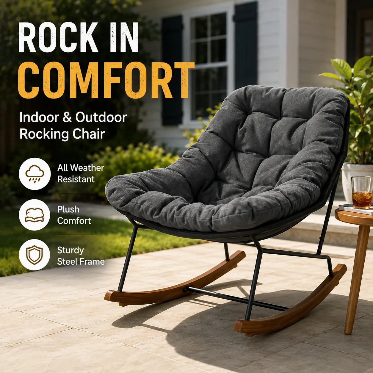GRAND PATIO Oversized Papasan Rocking Chair, Outdoor & Indoor Egg Chair with Thick Cushion, Cozy Rocker for Bedroom, Living Room, Porch, Patio & Garden