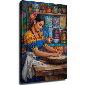 Cultural Mexican Kitchen Wall Art, Traditional Mexican Woman Making Tortillas Wall Decor, For Room Aesthetic Livingroom Bedroom Decor Framed (Framed,08 * 12inch)
