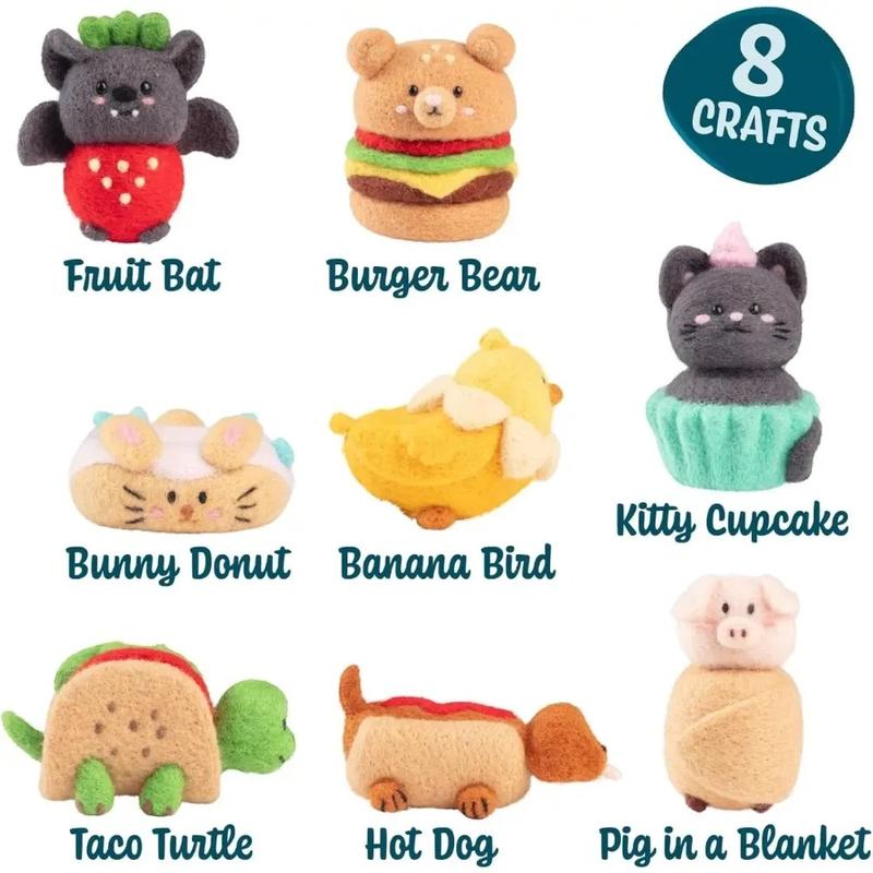 DIY Needle Felting Kit w Case- Animal Foodie Friends- Everything to Make 8 Adorable Felt Animals- Includes Mat, Tools, Needles & Instructions- Homemade Arts & Crafts, Gifts, Kids Party Activity