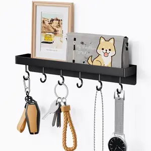 Black Key Holder - Self Adhesive Key Rack with Stainless Steel Hooks for Wall Decor