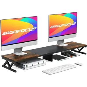 Dual Monitor Stand Riser, Large Wood Monitor Riser for 2 Monitors, Monitor Lift with Storage for Desk, Sturdy Wood&Steel Multi Screen Stand, Desktop Organizer Monitor Stand for Computer