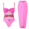 Aprilake Women’s Metal Design 2 Piece Cut Out Color Block Sexy Swimsuit With Cover Up Skirt