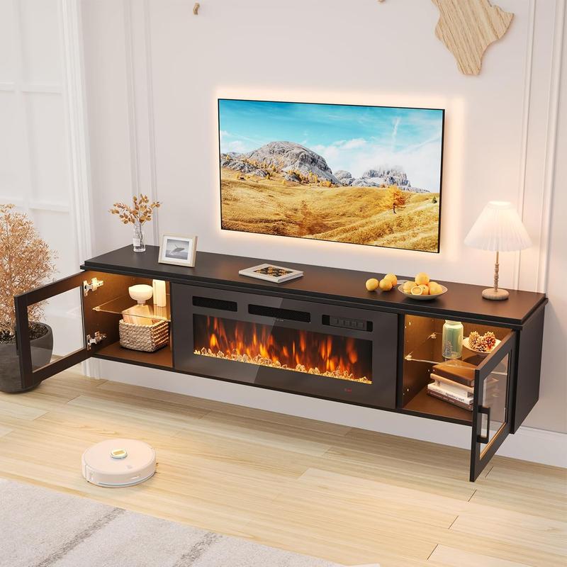 【Ships 2 Packages】oneinmil 70" Floating TV Stand with 36" Electric Fireplace, High Gloss Finish Wall Mounted Fireplace Entertainment Center with Storage for TVs Up to 80", Black TV Stand and Black Fireplace