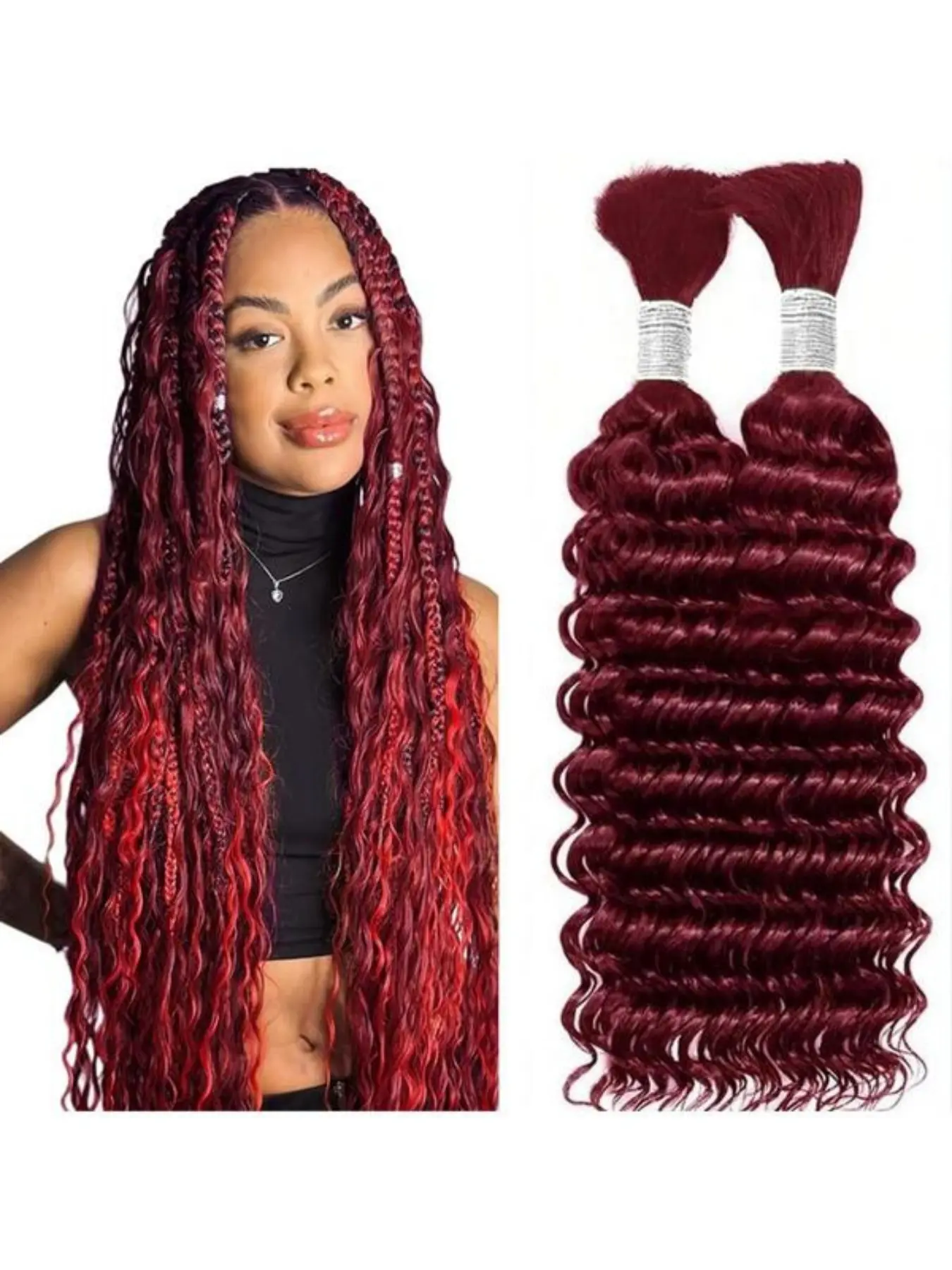 Burgundy Human Braiding Hair Deep Wave Bulk Natural Human Hair Weave 2 Bundles Unprocessed Brazilian Virgin Hair 99J Wine Red Deep Curly Braiding Hair Extensions 50 Grams/Bundle