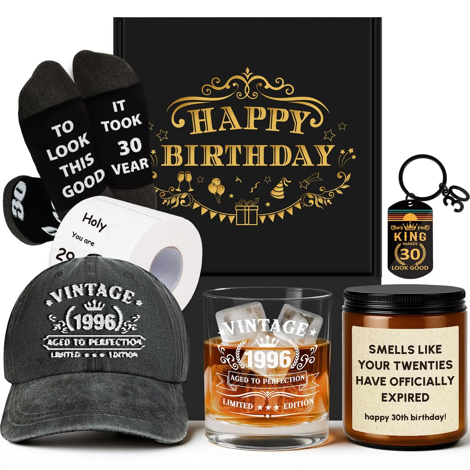 Personalized Vintage Whiskey Glass Baseball Cap Birthday Gift Set for Men Funny 30th 40th 50th 60th 70th Birthday Presents for Men Who Have Everything Unique Gift for Husband Boyfriend Dad Grandpa