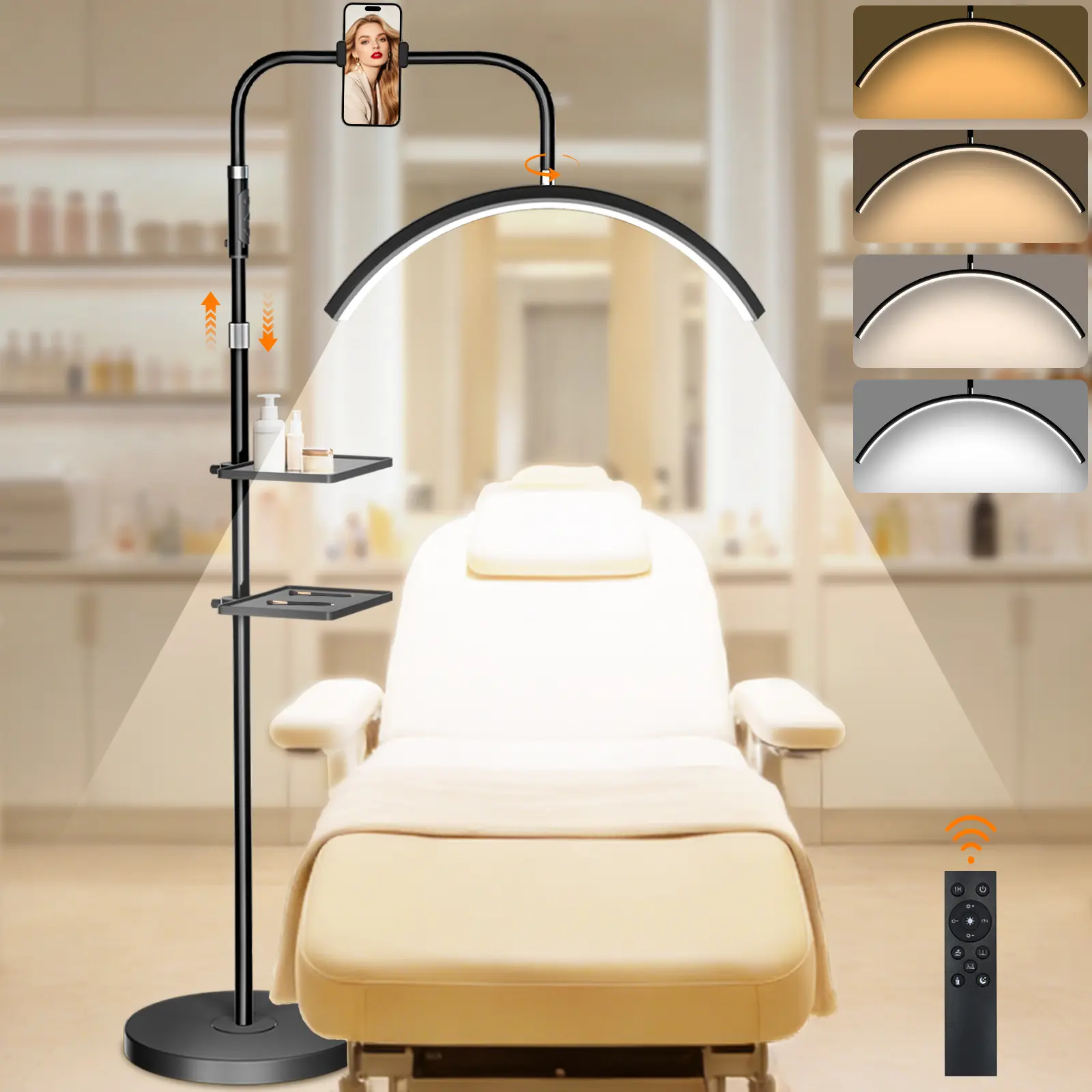 Half Moon Lash Light, 24W 1500LM Dimmable LED Floor Lamp with Adjustable Height for Lash Techs, Tattoo & Nail Artists, 4 Color Modes, Phone Holder & 2 Trays Led Standing Lamps