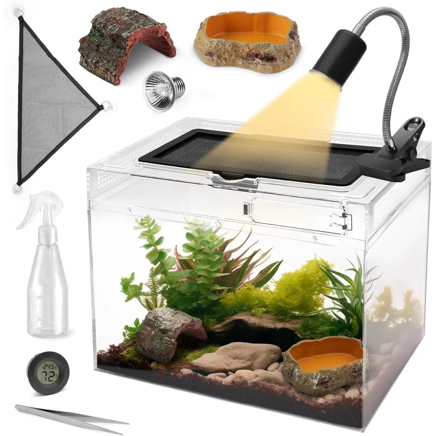 Reptile Terrarium,Reptile Tank 15.6" x 8"x 10" Amphibian Tank Starter Kit with Bearded Dragon Hammock,Heat Lamp,Hide Cave for Geckos Lizard Mantis Spider Cricket Chameleons Corn Snake Turtle Frog