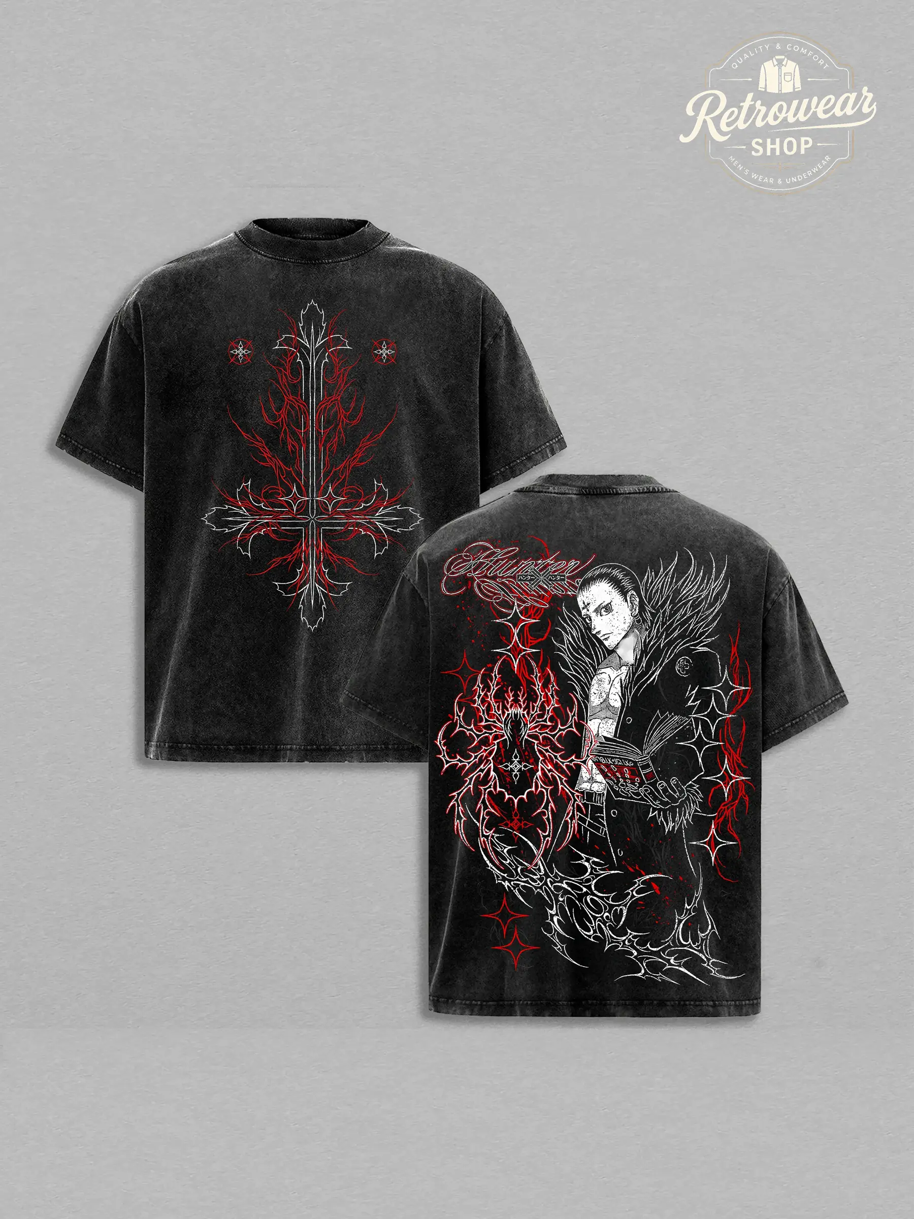 Men's Chrollo Lucilfer Phantom Troupe Hunter x Hunter Printed Short-Sleeve T-Shirt, Heavy Cotton Oversized Menswear Top, Japanese Manga Streetwear for Anime Fans, Tshirt, Shortsleeve, Anime Print, Oversized Fit, Pre-Washed