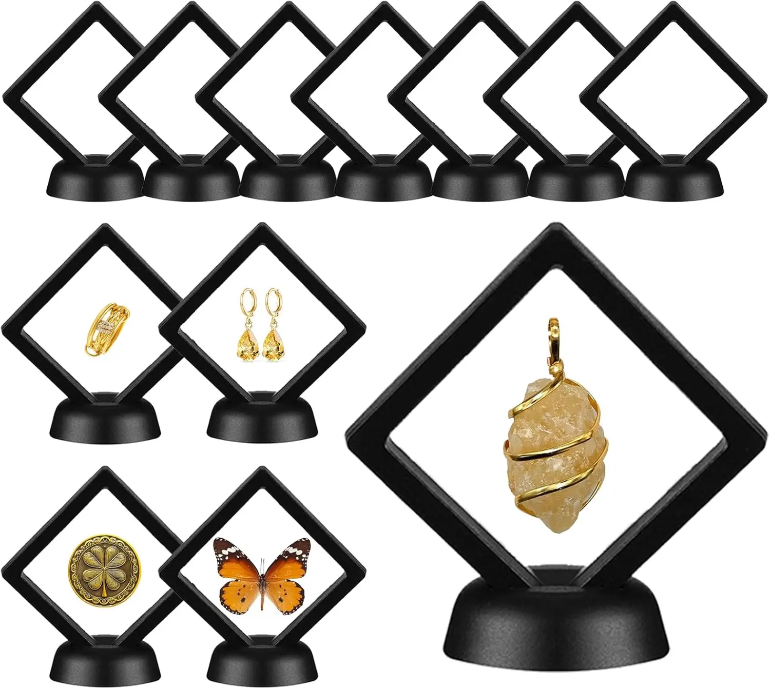 12pcs Plastic Round Floating Display Case Set - Film Storage Box with Frame Stand for Reptile Pet Supply Decor, Challenge Coins, Fossils, Rocks