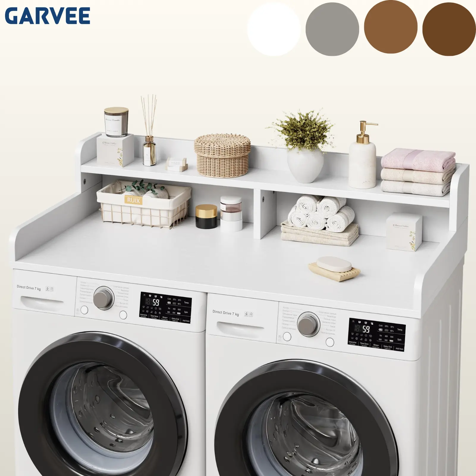 Garvee 54" Washer Dryer Countertop with 2-Tier Shelf and 2 Drawers, Wooden Laundry Countertop with Non-Slip Pad and Guard Rails, Washer and Dryer Topper for Laundry Room Organization and Storage