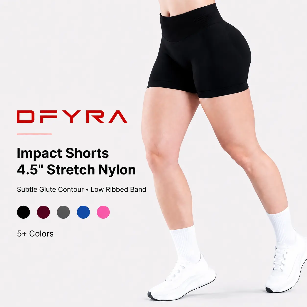 (With logo) DF Impact Performance Fitness Yoga Shorts - 4.5" Stretch Nylon, Subtle Glute Contour, Low Ribbed Band, Gym Running Jogging Lightweight Athleisure Shorts