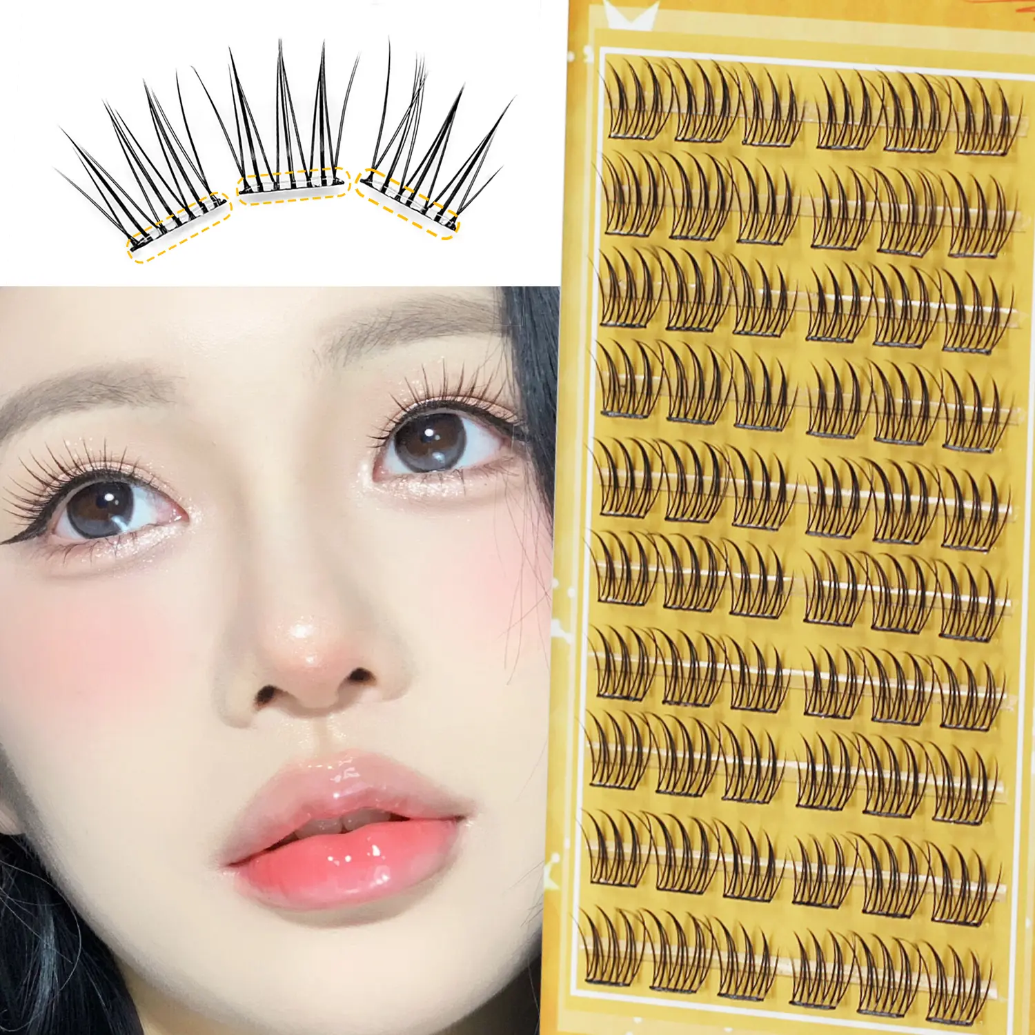 Natural Cluster False Eyelash Extension Kit, Eyelashes Extensions, Cosmetic, Makeup, Glueless Lashes Clusters, Self-Adhesive C Curl Lashes, Fluffy Volume Eyelashes, 60 Pieces, 11-12mm, Fluffy Style, Suitable for Beginners