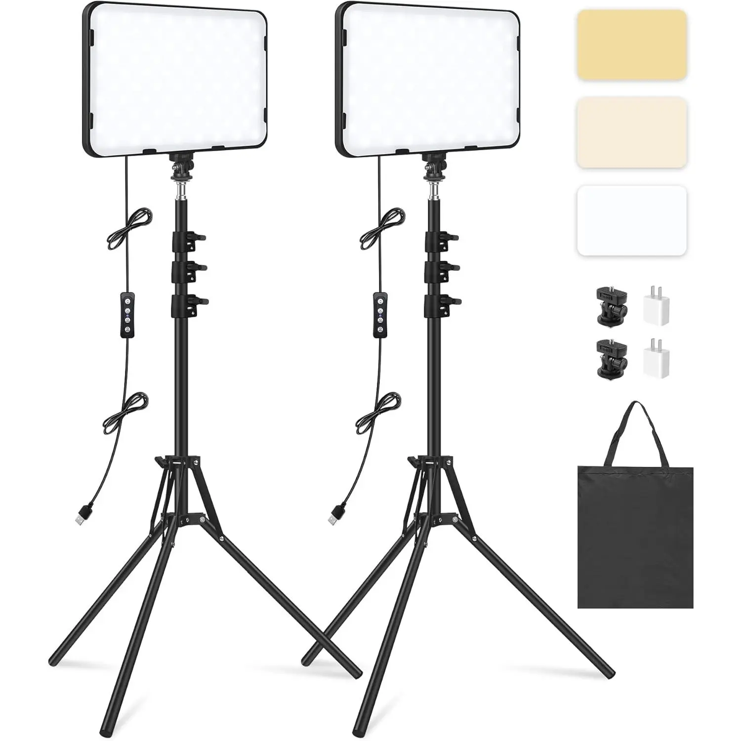 2 Pack LED Video Light with 63'' Tripod Stand,  2500-8500K Dimmable Photography Studio Lighting for Video Film Recording/Collection Portrait/Live  Streaming/ Podcast, USB Charger