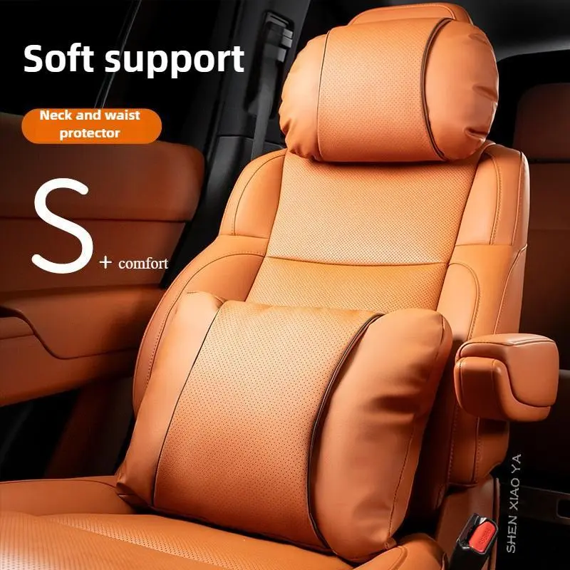 Comfortable Nappa Leather Car Neck Pillow Lumbar Support Pillow Soft Car Headrest and Waist Pillows Seat Accessories Car Pillow