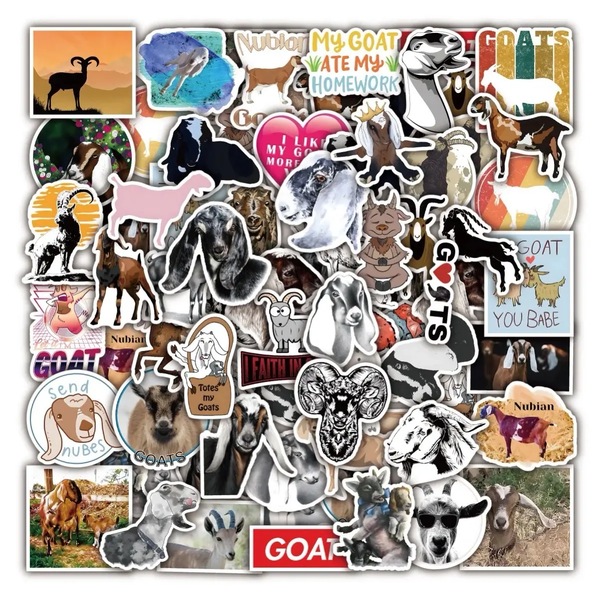 50 Pack of Funny Goat Animal Stickers. Hilarious Goats themed decals. No Duplicates. Waterproof
