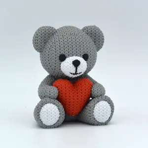 Crochet Style Teddy Bear with Heart Gray 3D Printed Kawaii Bear – Valentine Gift – Cute Romantic Desk Decor Teddybear