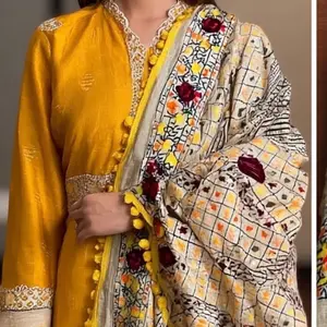 Shawl Long Raw Silk Handmade Phulkari dupatta mirror and thread yellow Pom pom