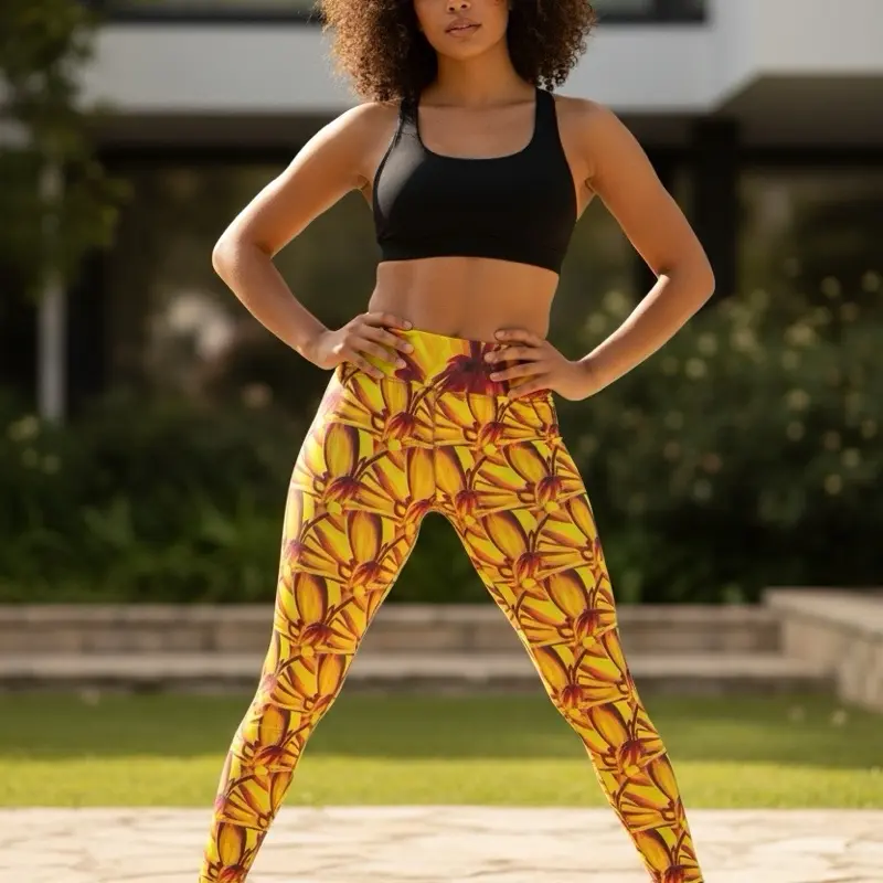 The Doog Walker Original Chrysanthemum Art Yoga Pants High Waisted Statement Leggings with Bold Orange Pink and Golden Tones for Yoga and Everyday Wear