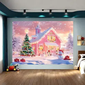 1pc Christmas party banner, made of polyester material, with a pink castle background picture, suitable for indoor and outdoor decoration, festival decoration, Christmas party decoration, and photography background decoration