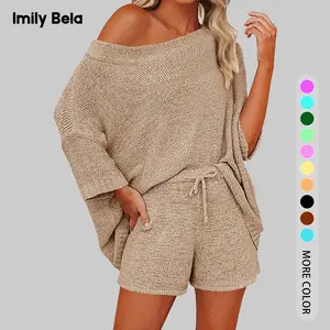 Imily Bela Essentials Women's 2 Piece Outfits Sweater Sets Off Shoulder Knit Top Shorts Matching Suits Cute Pajama Lounge Sets