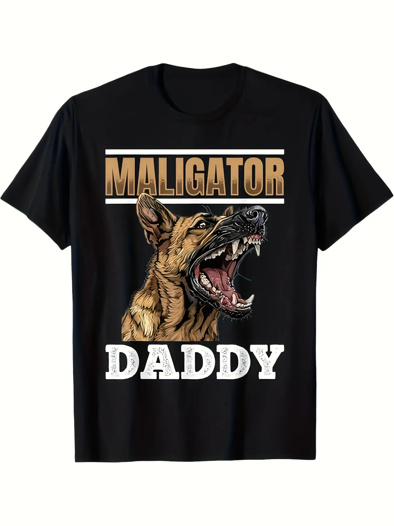 Men'S 180G Pure Casual T-Shirt Featuring a Graphic Print of The Belgian Malinois Dog Breed, in Black with Golden And White Lettering.It Has a Regular Fit, Short Sleeves, And a Round Neck