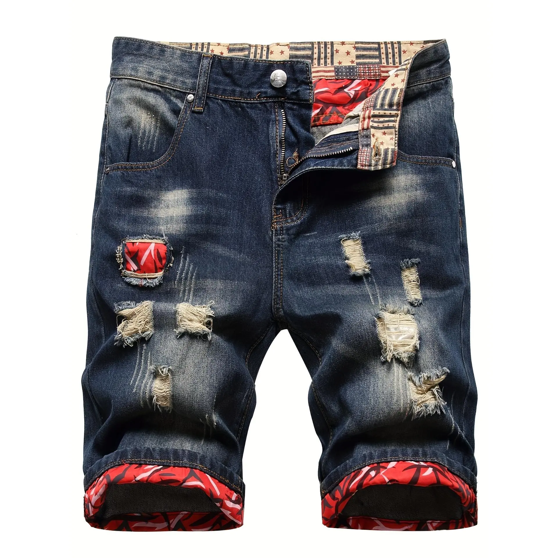 Men's Jeans Shorts, Distressed Denim with a Camouflage Pattern, Regular Fit for Casual Summer Street Style, Distressed Jeans Shorts, Ripped, No, Clothes