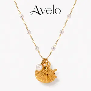 Gold Shell Starfish Pearl Necklace for Women, Beach Ocean Charm Pendant Necklace, Coastal Summer Jewelry Gift