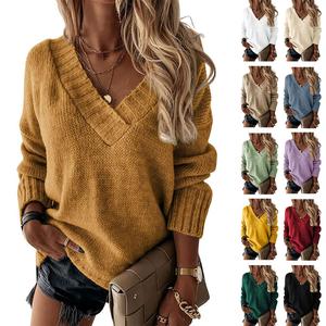 Imily Bela Women's Loose Cute Basic V-Neck Long-Sleeve Solid Knitted Fabric Womenswear Pullover Top