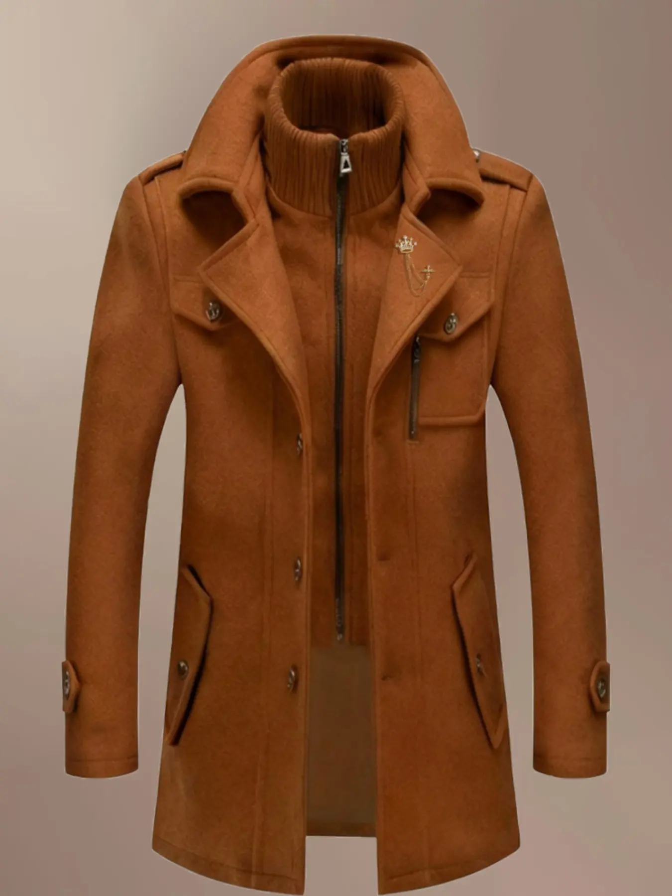 Men's Fashion Double Collar Mixed Fiber Long Solid Coat, Zipper and Pocket Design, Warm and Durable, Suitable for Business or Casual Autumn/Winter, Thick Heavy Coats